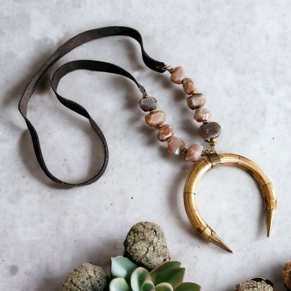 Handmade Leather, Brass, Beads, Bamboo and Sandstone Crescent Necklace